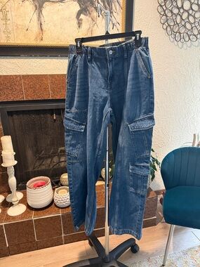 Forever 21 Dark Blue Wide Leg Cargo Jeans